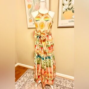 Farm Rio Rainbow Sunset Bow Halter Maxi Dress Size XS